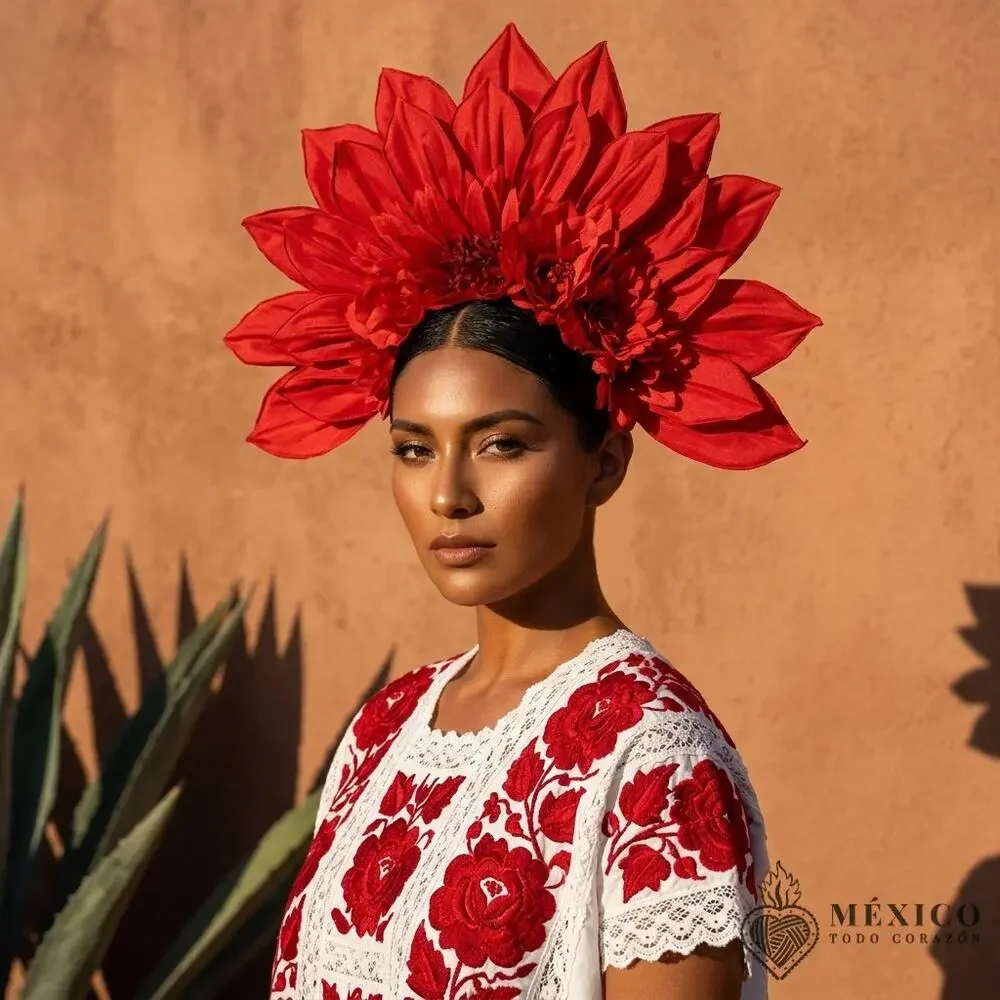 Red Flower  Traditional Mexican day of the dead  – Handmade crepe paper 23x18x5